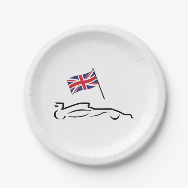 Race Car Line Drawing with British Flag Paper Plate (Front)