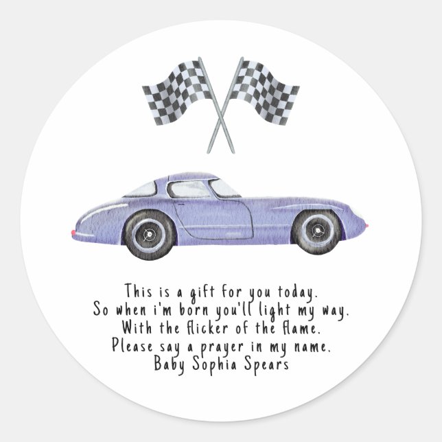 Race car. Prayer candle label (Front)