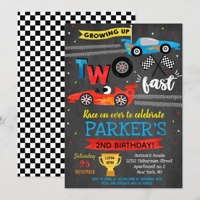 Race Car Racing Two Fast 2nd Birthday Invitations (Front/Back)