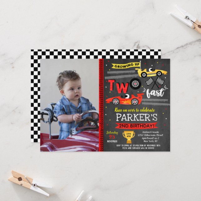 Race Car Racing Two Fast 2nd Birthday Invitations (Front/Back In Situ)