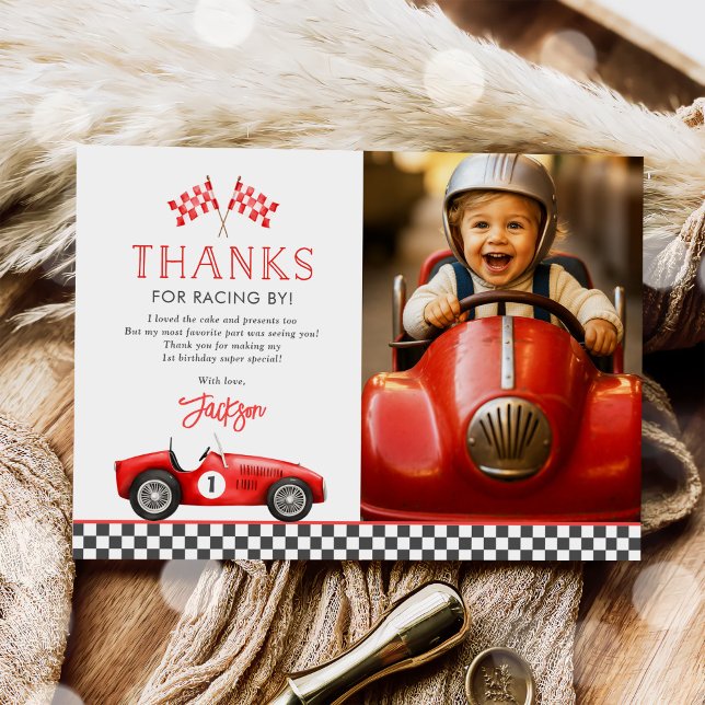 Race Car Red Racing Boy 1st Birthday Photo Thank You Card (Creator Uploaded)