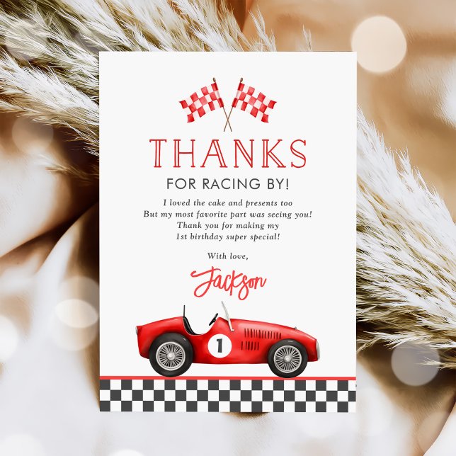 Race Car Red Racing Boy 1st Birthday Thank You Card (Creator Uploaded)