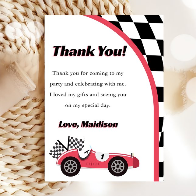 Race Car Rouge Fête d'anniversaire Carte de remerc (Créateur téléchargé)