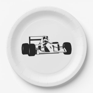 Race Car Silhouette black and white Paper Plate