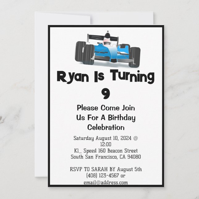 Race Car Themed Birthday Invitation (Front)
