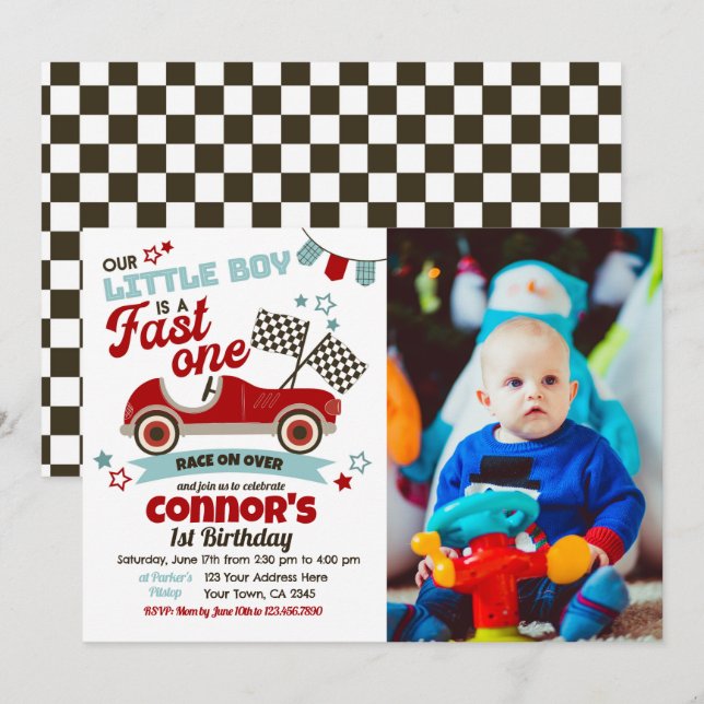 Race Car Themed Party Invitation for 2nd Birthday (Front/Back)