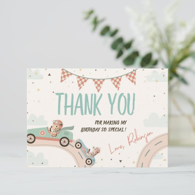 Race Car Two Fast Baby Shower Thank You Card (Standing Front)