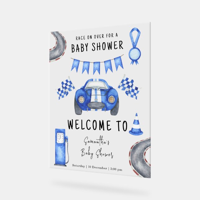 Race Car Welcome Baby Shower Acrylic Sign (Angle)