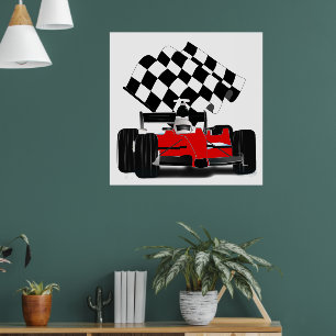 Race Car with Chequered Flag Poster