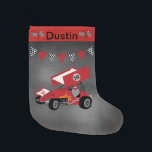 Race Car with Chequered Flags Large Christmas Stocking<br><div class="desc">Personalize this stocking by adding a name to this sprint car racing stocking with chequered flags and chalkboard background.</div>