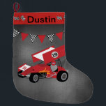 Race Car with Chequered Flags Large Christmas Stocking<br><div class="desc">Personalize this stocking by adding a name to this sprint car racing stocking with chequered flags and chalkboard background.</div>