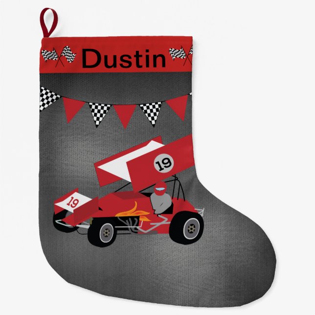 Race Car with Chequered Flags Large Christmas Stocking (Front)