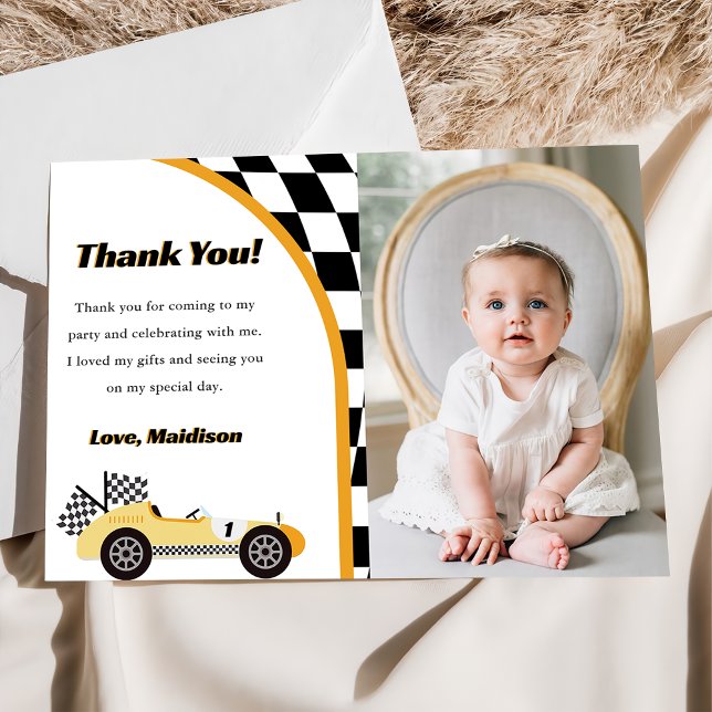 Race Car Yellow Birthday Party Thank You Card (Creator Uploaded)