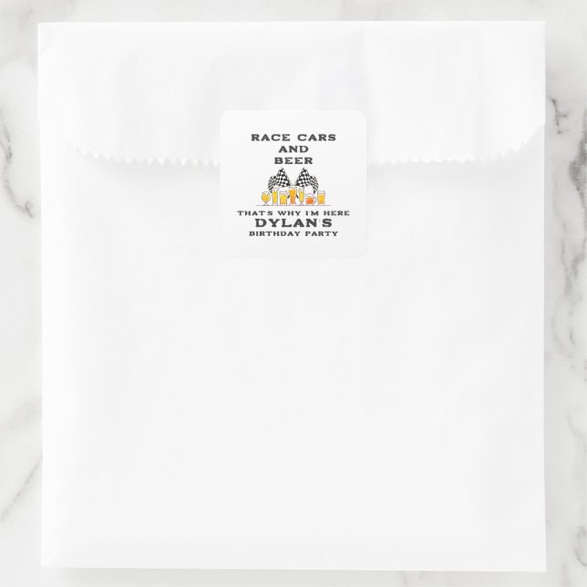 Race Cars & Beer Chequered Flag Raceday Birthday Square Sticker (Bag)