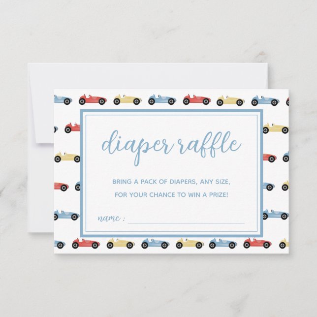Race Cars Blue Boy Baby shower Diaper Carte Raffle (Devant)