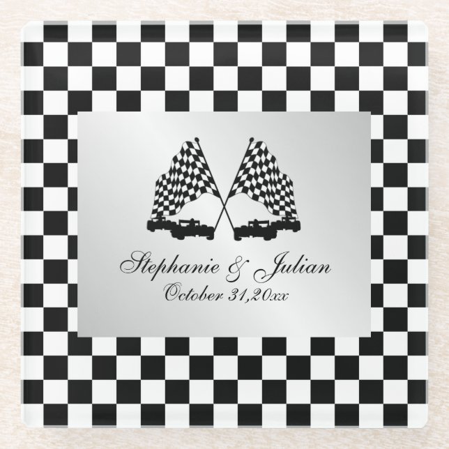 Race Cars Chequered Flag  Glass Coaster (Front)