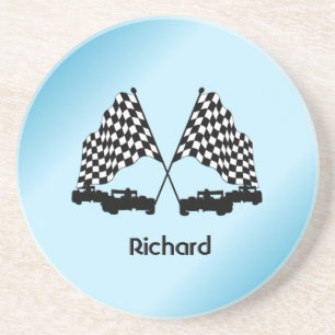 Race Cars on Two Tone Blue Custom Personal Coaster