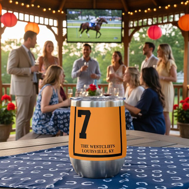 Race Horse 7 Orange Personalized Derby (Personalized house wine tumblers for horse racing fans. Saddle cloth styles.)