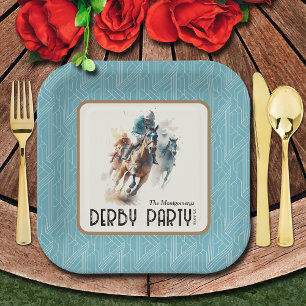 Race Horses Derby Party Aqua Square Paper Plate