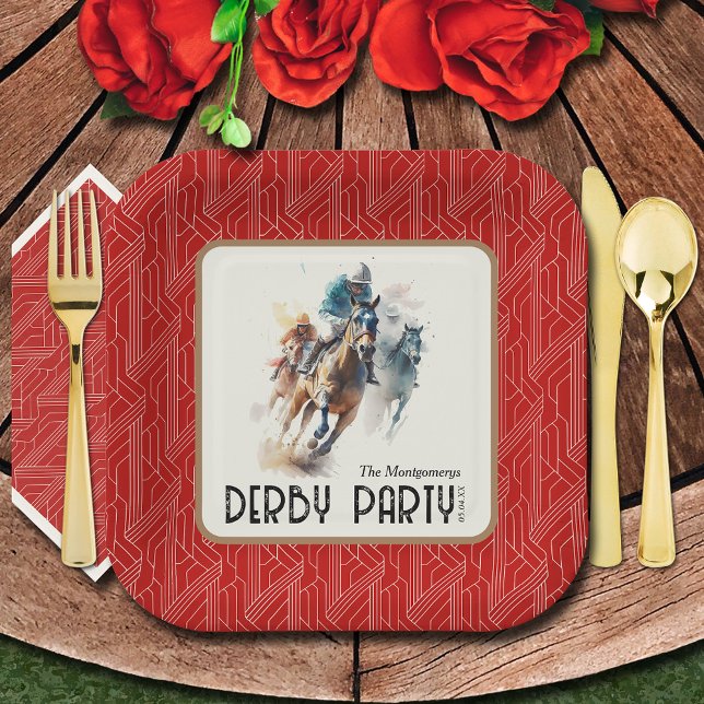 Race Horses Derby Party Red Square Paper Plate (Square paper plates and matching napkins sold separately. (Silverware not sold.))