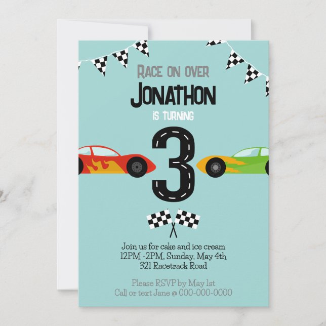 Race On Over 3rd Birthday Racecar Party Invitation (Front)