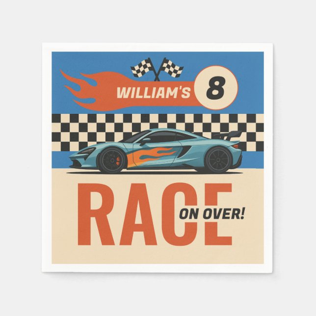 Race on Over Cool Car Race Boys Birthday Napkin (Front)