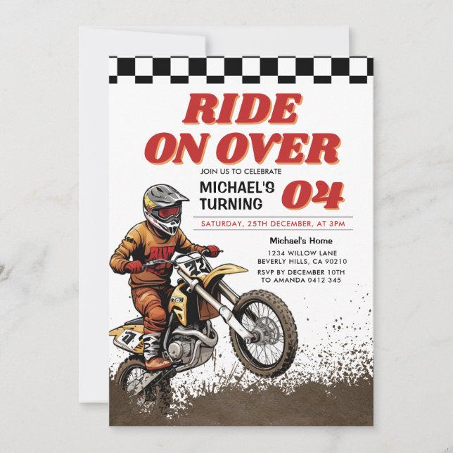 Race On Over Kid's Dirt Motorcross Birthday Party Invitation (Front)