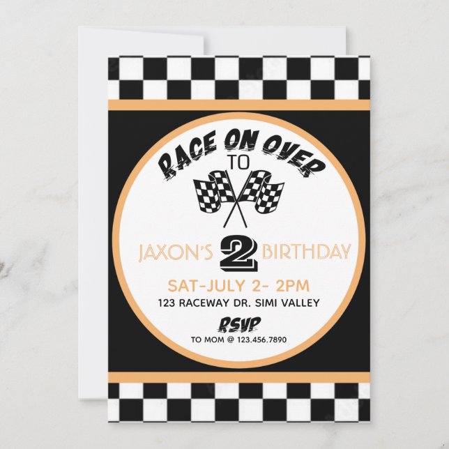Race on over, Racing Birthday Invitation, Racing Invitation (Front)