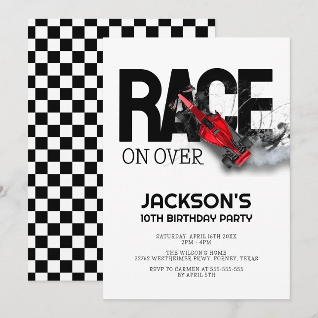 Race On Over Red Race Car Birthday Party Invitation (Front/Back)