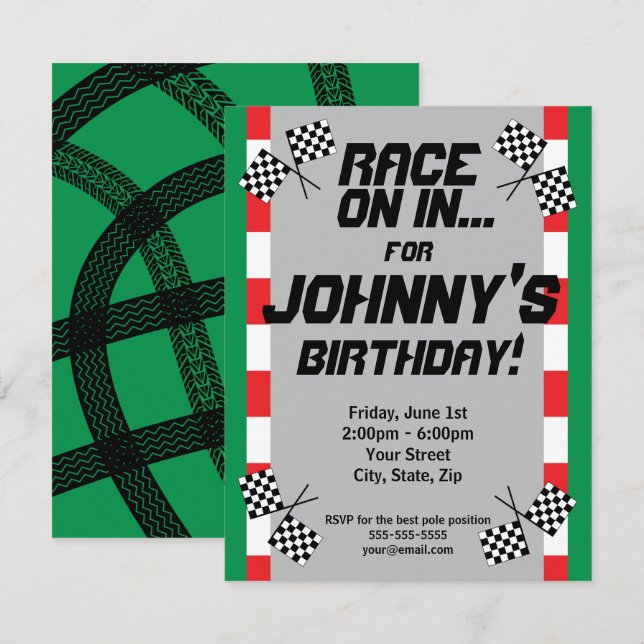 Race Track Birthday Invitation, Tire Tracks Racing Invitation (Front/Back)
