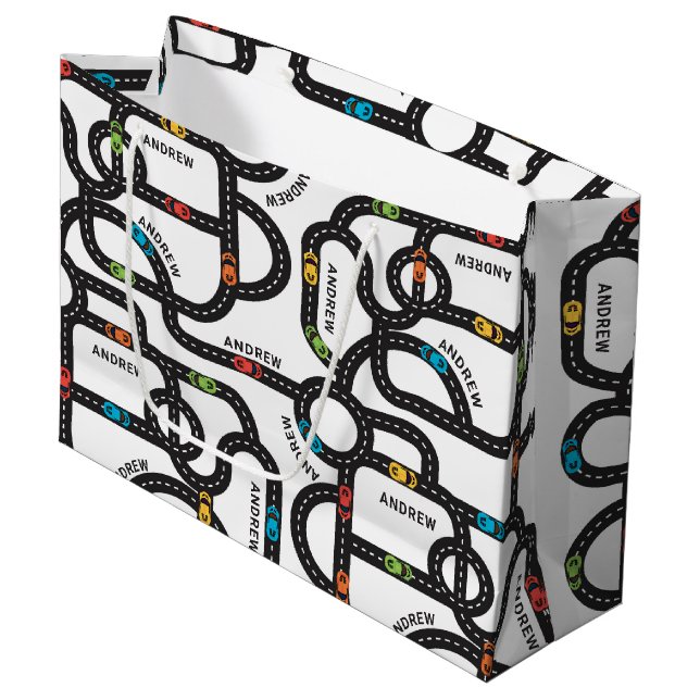 Race Track Boys Birthday White  Large Gift Bag (Front Angled)