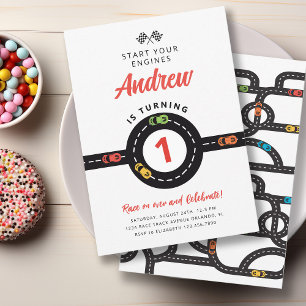 Race Track Cars Boys 1st Birthday Invitation