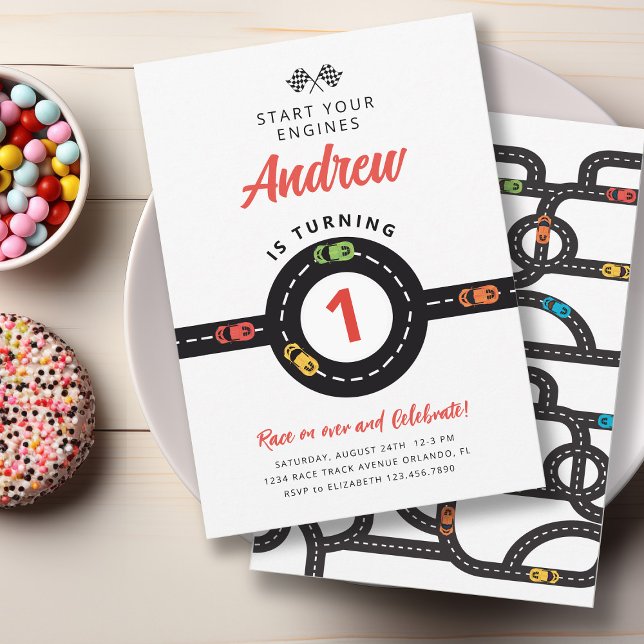 Race Track Cars Boys 1st Birthday Invitation (Creator Uploaded)