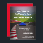 Race Track Race Car Kids Birthday Party Invitation<br><div class="desc">A curving racetrack with blue car up ahead and simple text with a fast flare. More car colours available in my store. For the backer colour: Click "Customize It" and use the swatches on the right to change the background colour. The eyedropper tool gives you even more swatches, and "advanced"...</div>