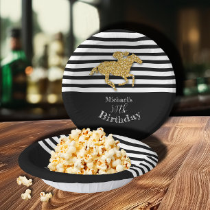 Racehorse Black White Stripes Birthday Paper Plate