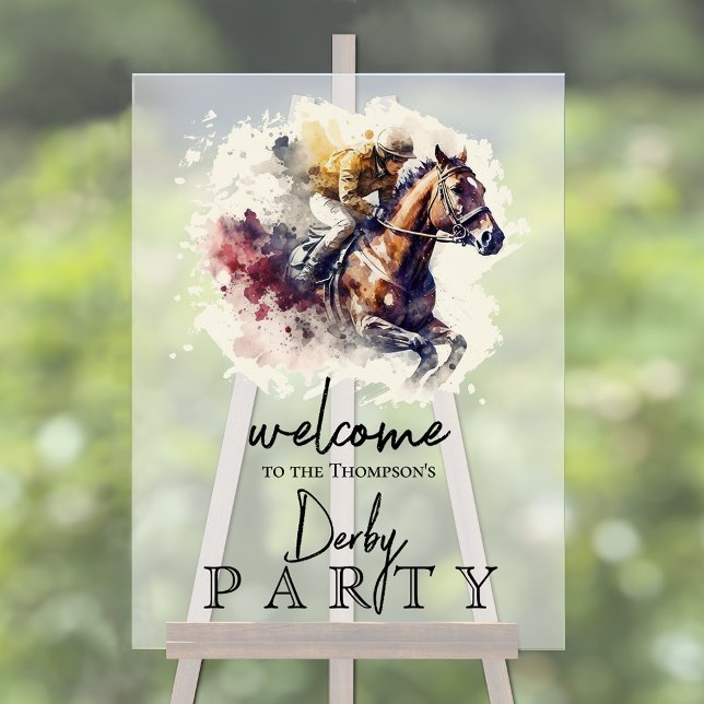 Racehorse Derby (Watercolor racehorse and jockey Derby party frosted acrylic sign)