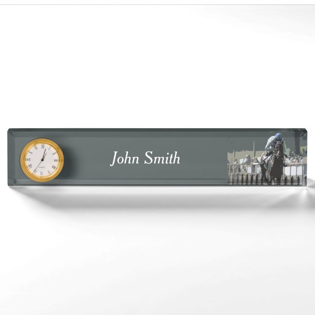 Racehorse With Jockey In Blue Desk Name Plate (Front)