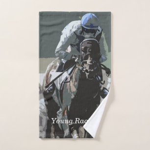 Racehorse With Jockey In Blue Hand Towel