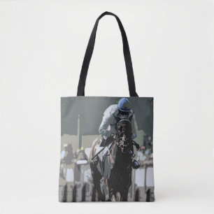 Racehorse With Jockey In Blue Tote Bag