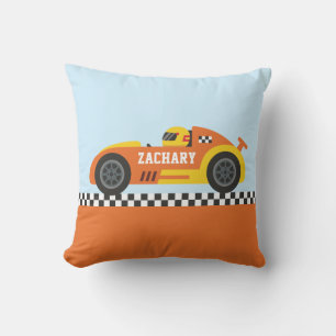 Racer in Orange and Yellow Race Car Boys Room Throw Pillow