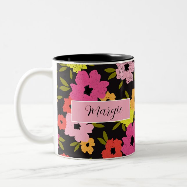 Rachel Floral Design Custom Name on Black Two-Tone Coffee Mug (Left)