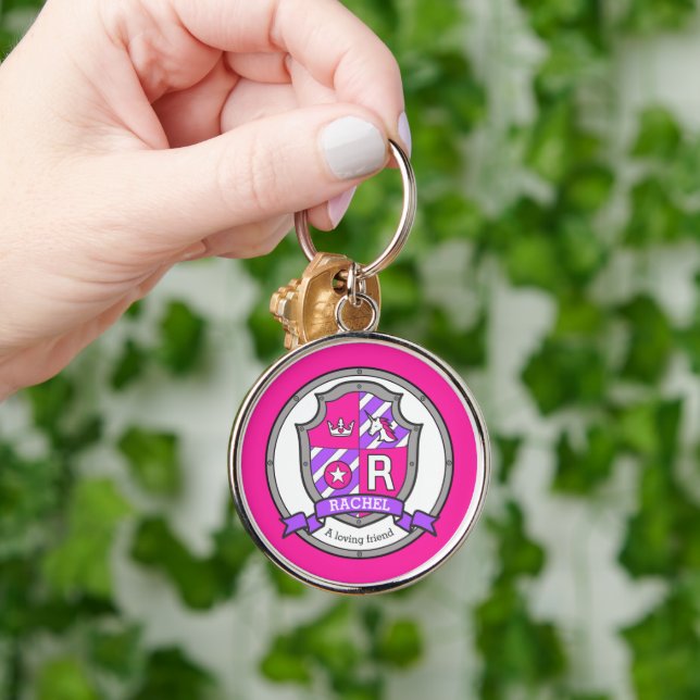 Rachel letter R name meaning pink unicorn crest Keychain (Hand)