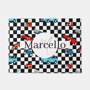 Racing Black and White Modern Pattern with Cars Doormat