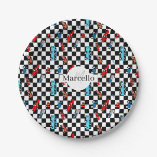 Racing Black and White Modern Pattern with Cars Paper Plate