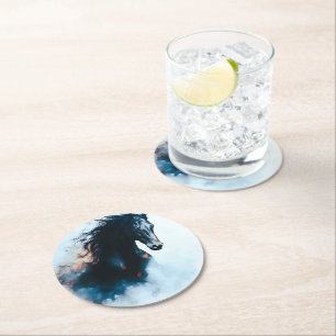 Racing Black Horse Portrait Minimalist Round Paper Coaster