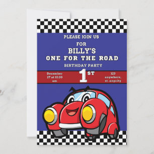 RACING BLUE Boy 1st Blue Birthday Race Car Invitation