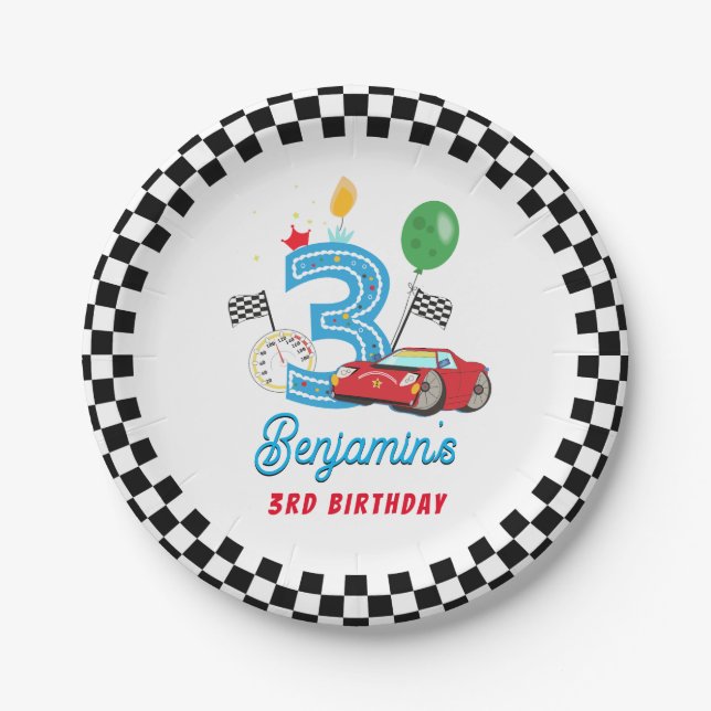 Racing Car 3rd Birthday Paper Party Plate (Front)