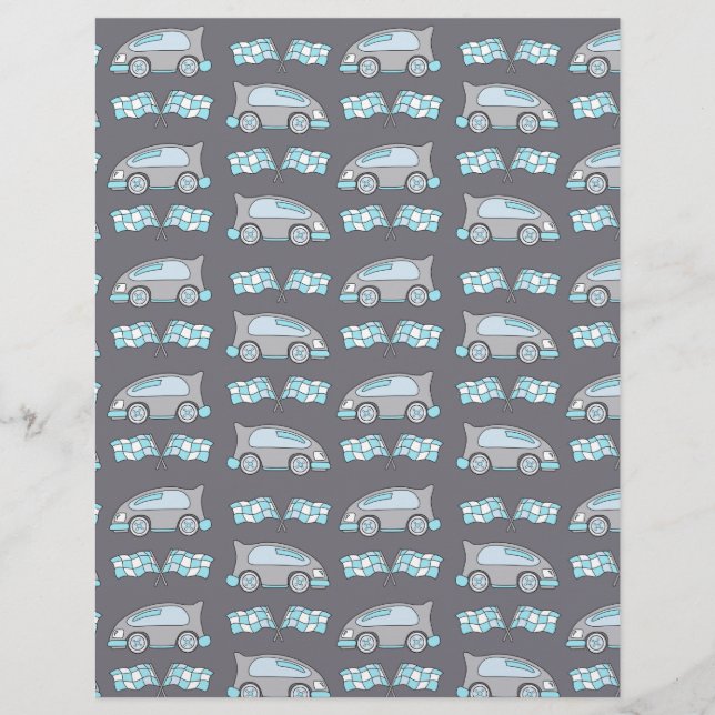 Racing Car and Flag Blue Grey Scrapbook Paper (Front)