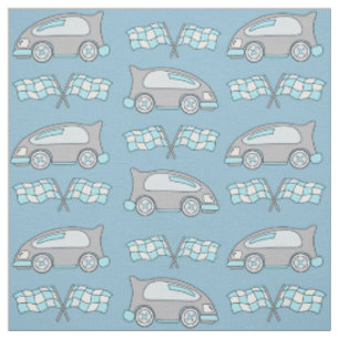 Racing Car and Flags on Blue Pattern Fabric