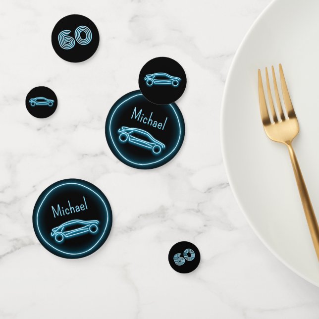 Racing Car and His Name / Age on Neon Blue Look Confetti (Group)